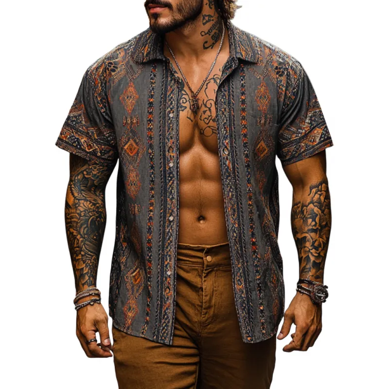 Men's Retro Bohemian Print Lapel Loose Short Sleeve Shirt MTA1531D4M sold by Manly