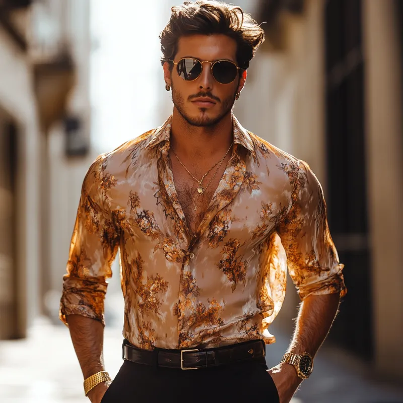 Men's Vintage Floral Print Chiffon Lapel Slim Fit Long Sleeve Shirt MTA1542D8M sold by Manly product image thumbnail 3