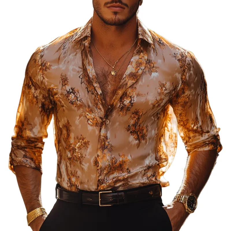 Men's Vintage Floral Print Chiffon Lapel Slim Fit Long Sleeve Shirt MTA1542D8M sold by Manly