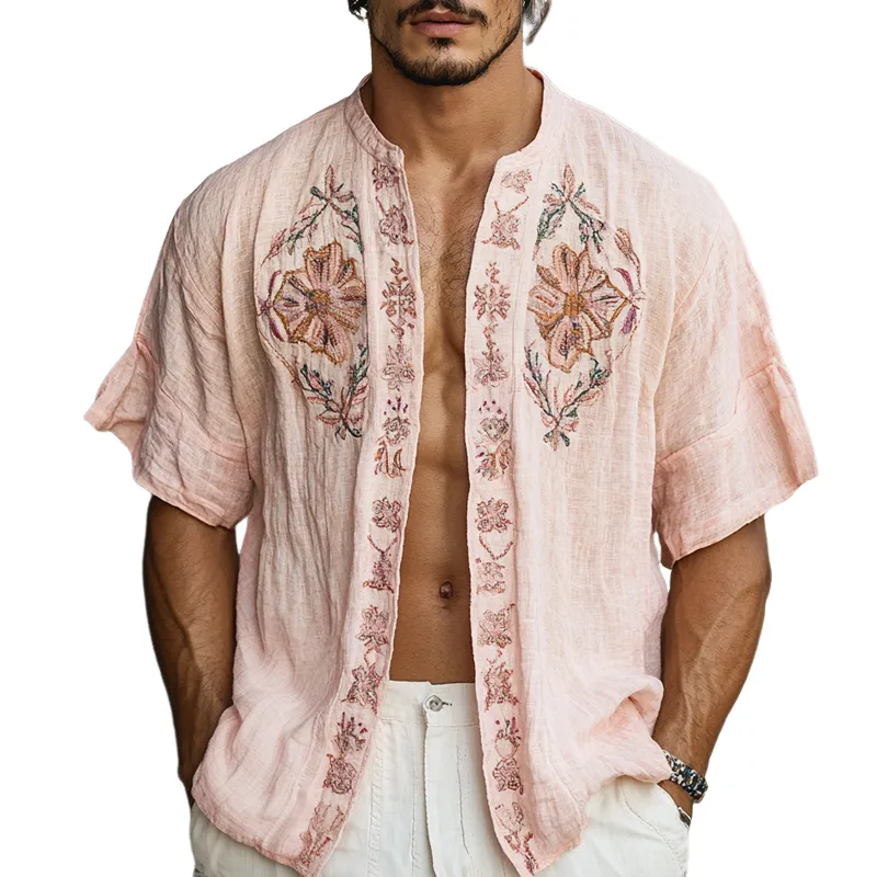 Men's Ethnic Style Embroidered Round Neck Short Sleeve Cotton And Linen Cardigan Shirt MTA1585D3Z sold by Manly