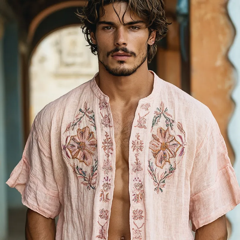 Men's Ethnic Style Embroidered Round Neck Short Sleeve Cotton And Linen Cardigan Shirt MTA1585D3Z sold by Manly product image thumbnail 3