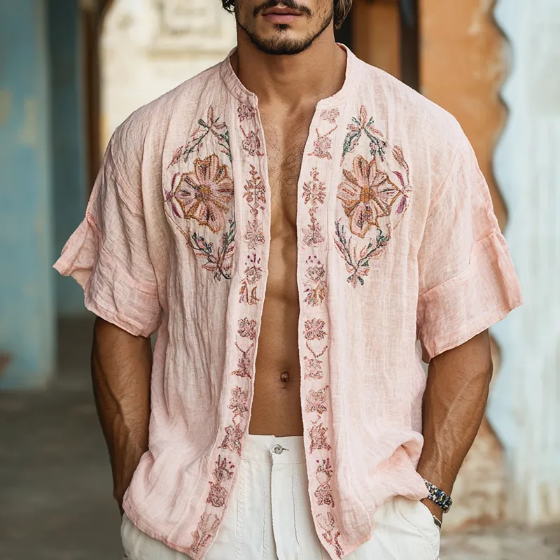 Men's Ethnic Style Embroidered Round Neck Short Sleeve Cotton And Linen Cardigan Shirt MTA1585D3Z sold by Manly product image thumbnail 2