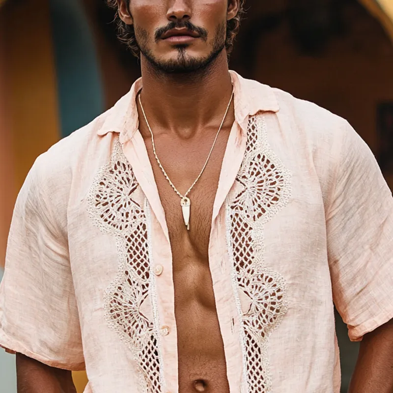 Men's Ethnic Style Lace Stitching Lapel Short Sleeve Cotton And Linen Shirt MTA1594D9Z sold by Manly product image thumbnail 3