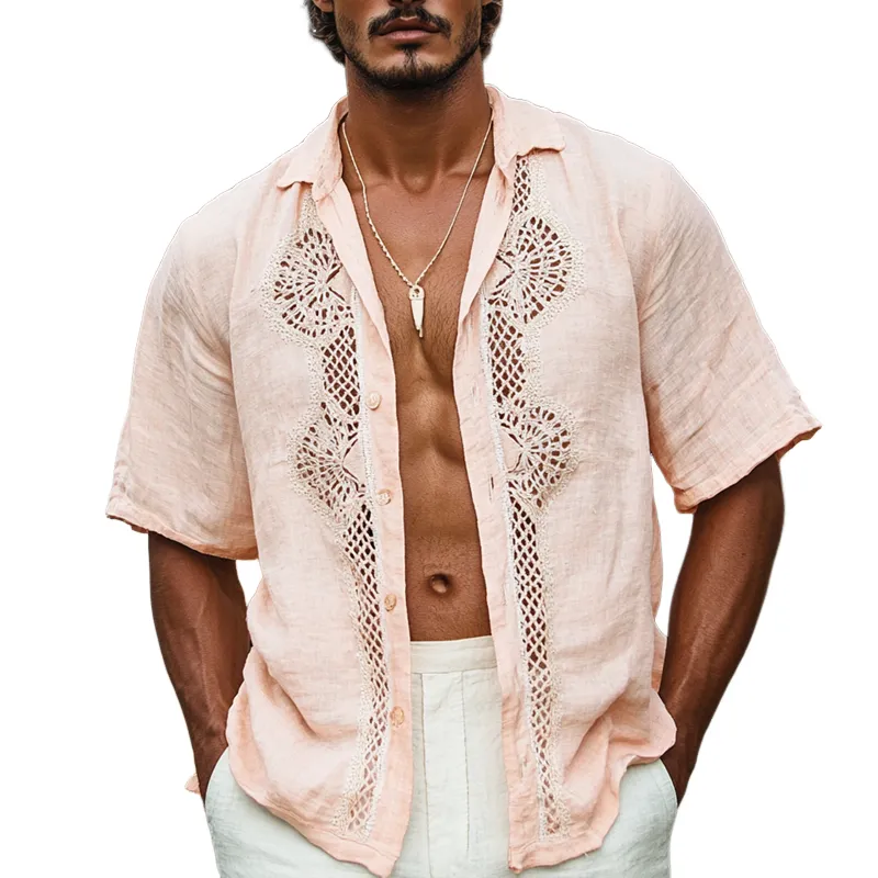 Men's Ethnic Style Lace Stitching Lapel Short Sleeve Cotton And Linen Shirt MTA1594D9Z sold by Manly