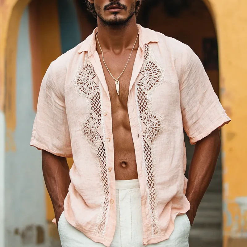 Men's Ethnic Style Lace Stitching Lapel Short Sleeve Cotton And Linen Shirt MTA1594D9Z sold by Manly product image thumbnail 2