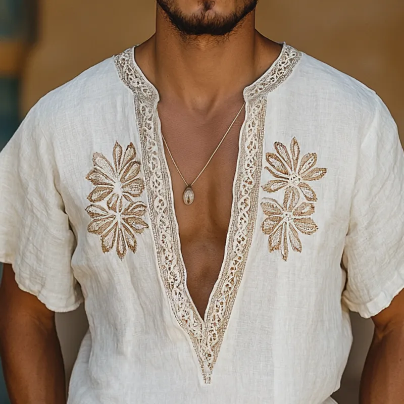 Men's Ethnic Style Embroidered V Neck Short Sleeve Cotton And Linen Shirt MTA1555D0Z sold by Manly product image thumbnail 3
