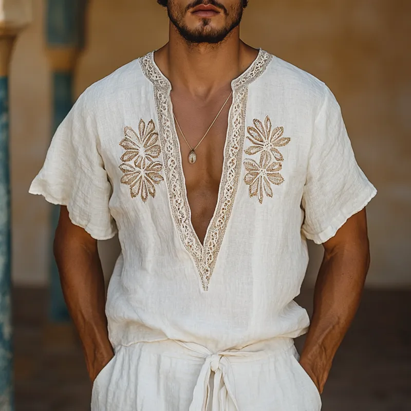 Men's Ethnic Style Embroidered V Neck Short Sleeve Cotton And Linen Shirt MTA1555D0Z sold by Manly product image thumbnail 2