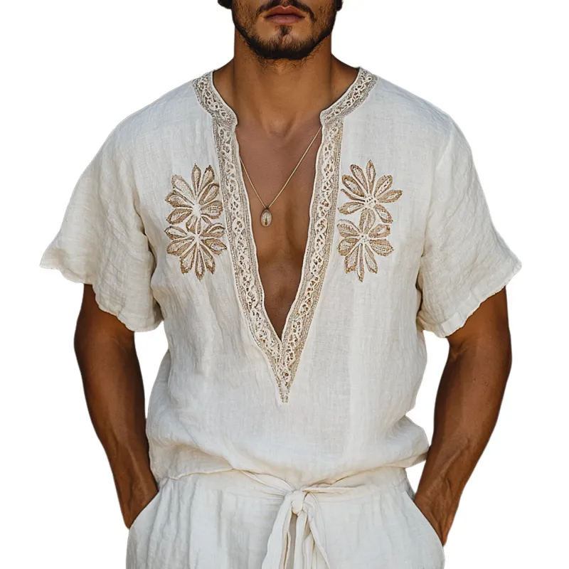 Men's Ethnic Style Embroidered V Neck Short Sleeve Cotton And Linen Shirt MTA1555D0Z sold by Manly