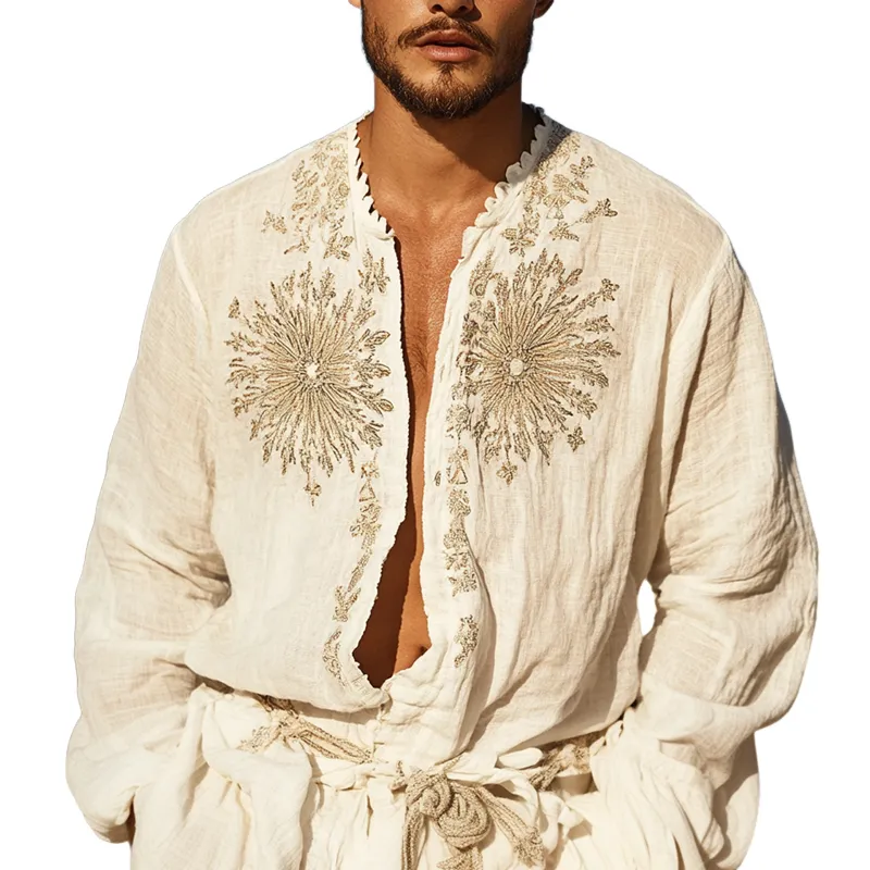 Men's Ethnic Style Embroidered Long Sleeve Single Breasted Shirt MTA1519D7Z sold by Manly