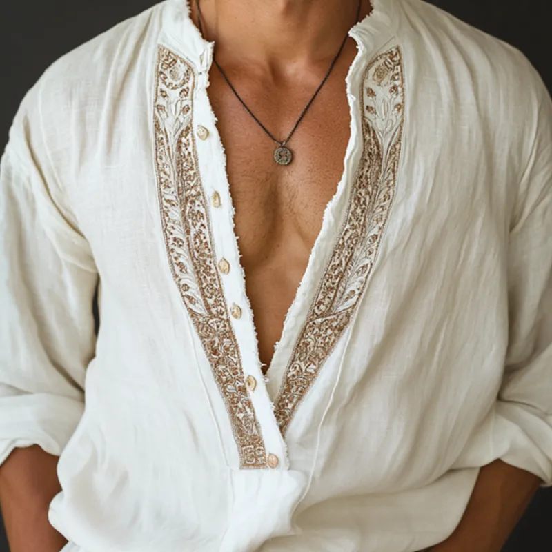 Men's Ethnic Style Embroidered V Neck Long Sleeve Cotton And Linen Shirt MTA1571D8Z sold by Manly product image thumbnail 3