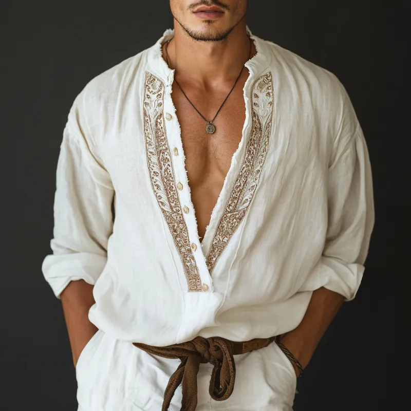 Men's Ethnic Style Embroidered V Neck Long Sleeve Cotton And Linen Shirt MTA1571D8Z sold by Manly product image thumbnail 2