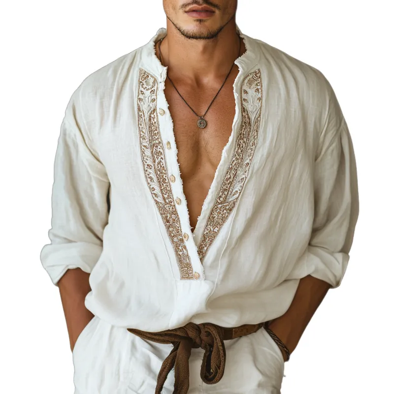 Men's Ethnic Style Embroidered V Neck Long Sleeve Cotton And Linen Shirt MTA1571D8Z sold by Manly