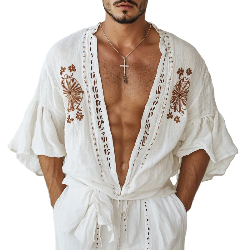 Men's Ethnic Style Embroidered Half Sleeve Cotton And Linen Cardigan Shirt MTA1554D3Z sold by Manly