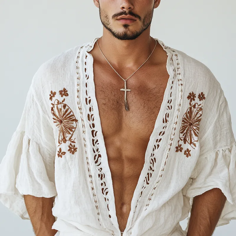 Men's Ethnic Style Embroidered Half Sleeve Cotton And Linen Cardigan Shirt MTA1554D3Z sold by Manly product image thumbnail 3