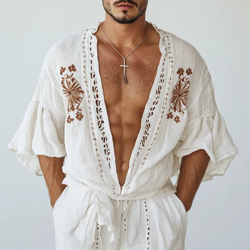 Men's Ethnic Style Embroidered Half Sleeve Cotton And Linen Cardigan Shirt MTA1554D3Z sold by Manly product image thumbnail 2