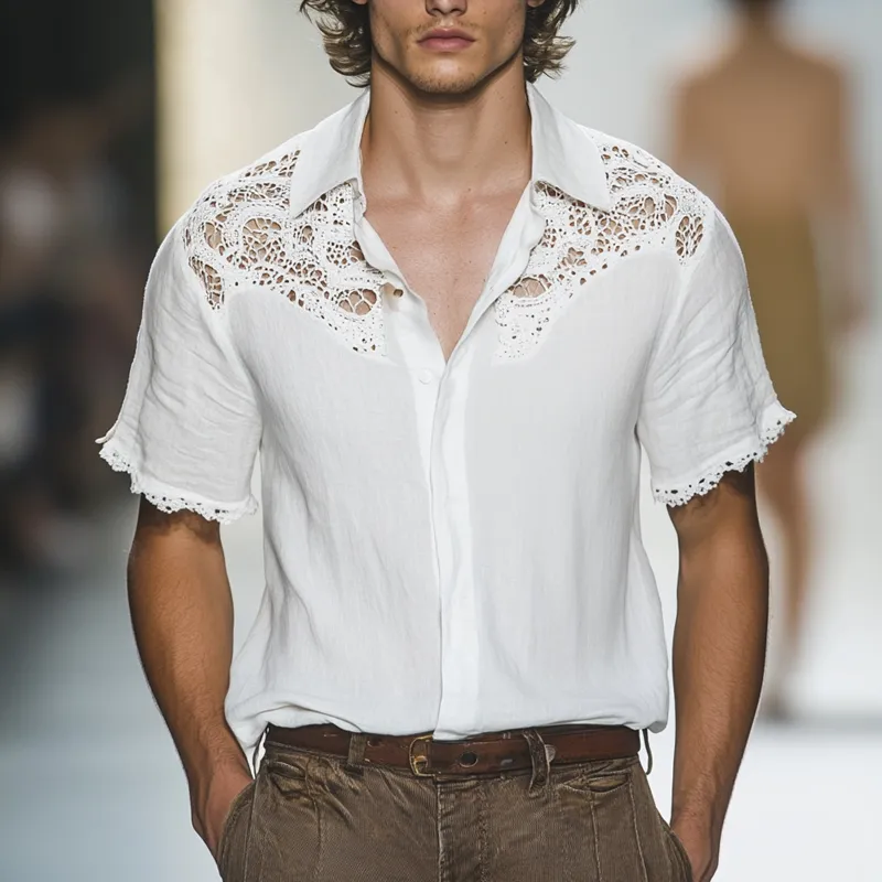 Men's Ethnic Style Lace Stitching Lapel Short Sleeve Shirt MTA1549D4Z sold by Manly product image thumbnail 2