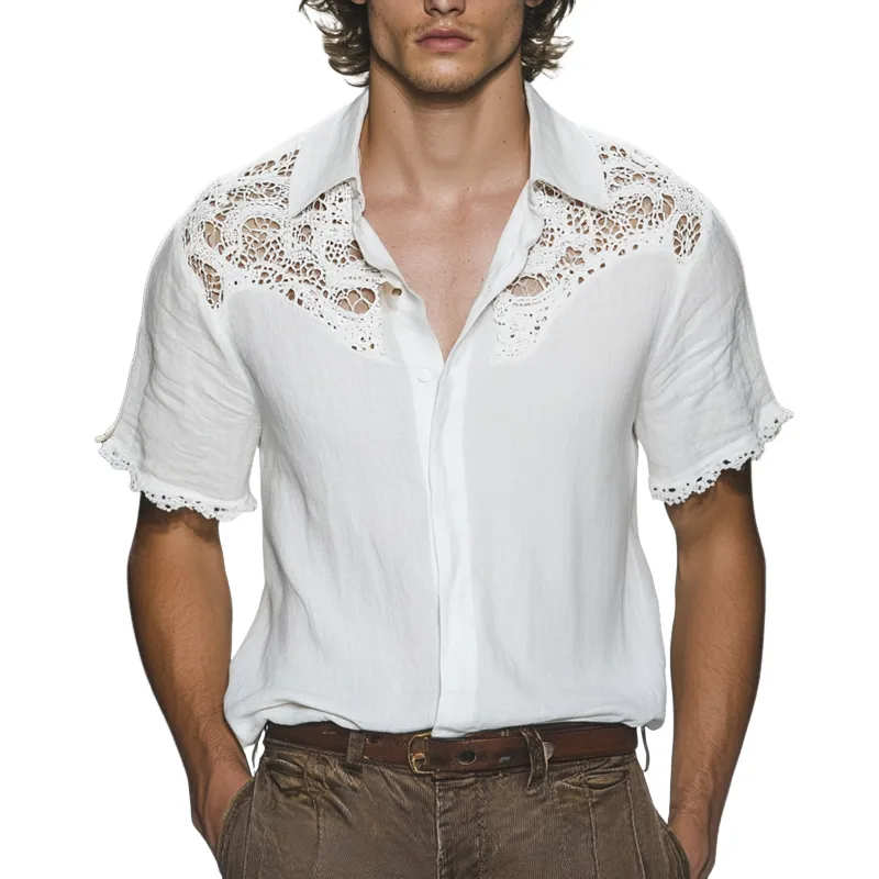 Men's Ethnic Style Lace Stitching Lapel Short Sleeve Shirt MTA1549D4Z sold by Manly