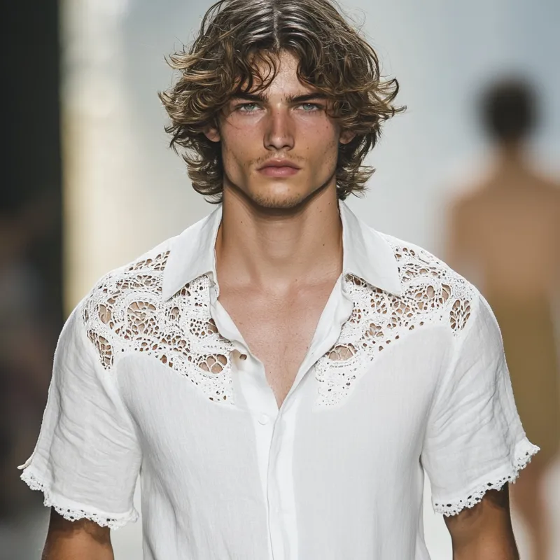 Men's Ethnic Style Lace Stitching Lapel Short Sleeve Shirt MTA1549D4Z sold by Manly product image thumbnail 3