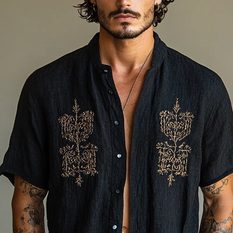 Men's Ethnic Style Embroidered Round Neck Short Sleeve Cotton And Linen Shirt MTA1509D2Z sold by Manly product image thumbnail 3