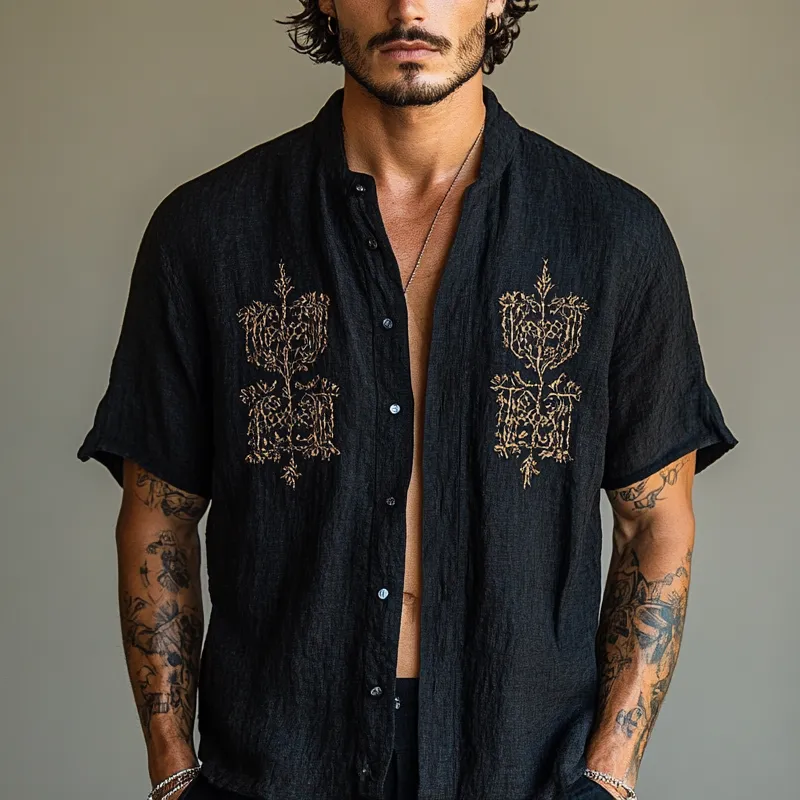 Men's Ethnic Style Embroidered Round Neck Short Sleeve Cotton And Linen Shirt MTA1509D2Z sold by Manly product image thumbnail 2