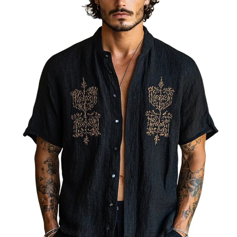 Men's Ethnic Style Embroidered Round Neck Short Sleeve Cotton And Linen Shirt MTA1509D2Z sold by Manly