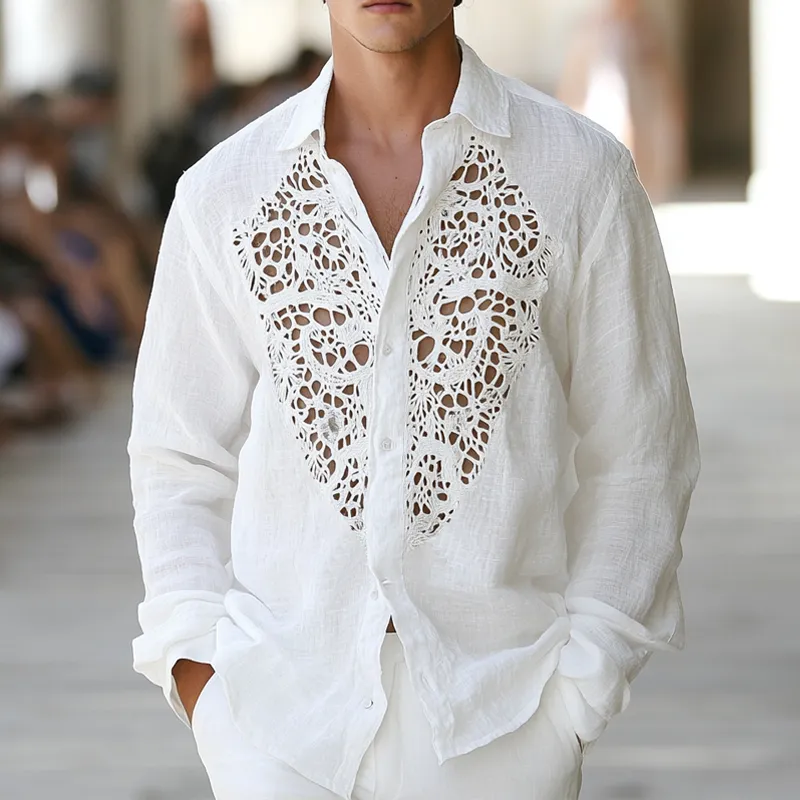 Men's Hollow Lace Stitching Lapel Long Sleeve Cotton And Linen Shirt MTA1512D3Z sold by Manly product image thumbnail 2