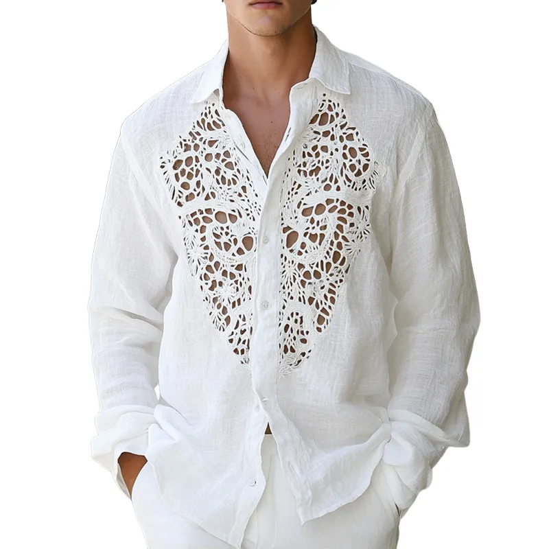 Men's Hollow Lace Stitching Lapel Long Sleeve Cotton And Linen Shirt MTA1512D3Z sold by Manly