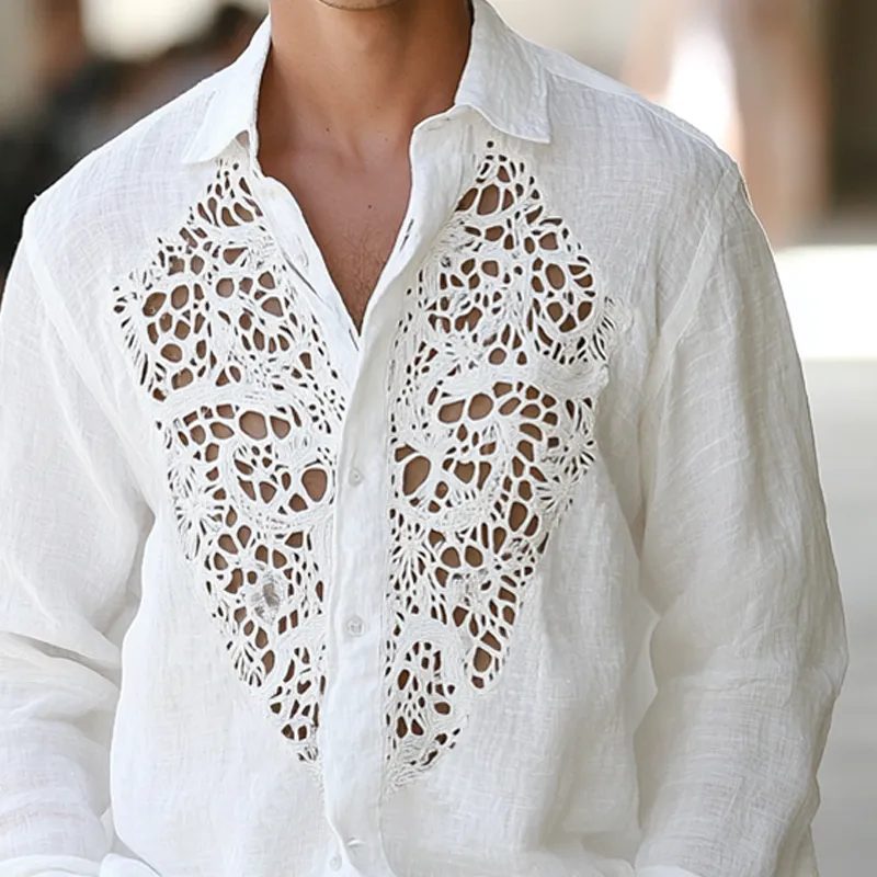 Men's Hollow Lace Stitching Lapel Long Sleeve Cotton And Linen Shirt MTA1512D3Z sold by Manly product image thumbnail 3
