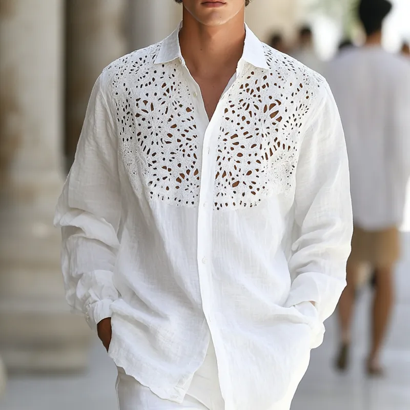 Men's Hollow Lace Stitching Lapel Long Sleeve Cotton And Linen Shirt MTA1590D4Z sold by Manly product image thumbnail 2