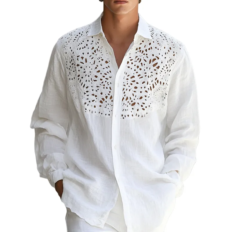 Men's Hollow Lace Stitching Lapel Long Sleeve Cotton And Linen Shirt MTA1590D4Z sold by Manly