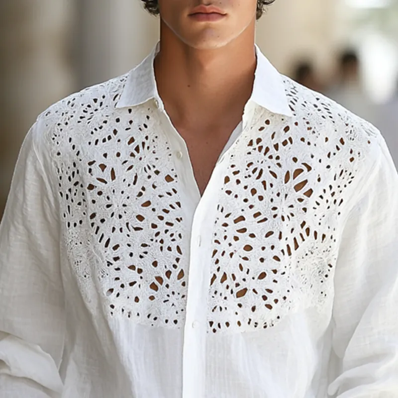 Men's Hollow Lace Stitching Lapel Long Sleeve Cotton And Linen Shirt MTA1590D4Z sold by Manly product image thumbnail 3