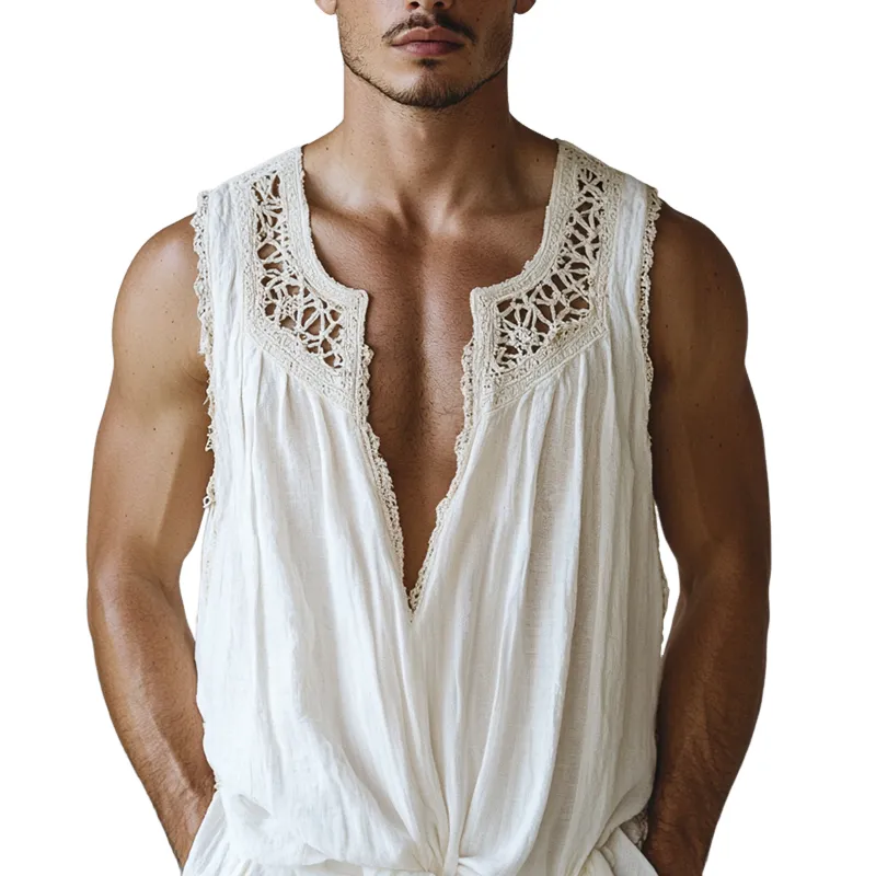 Men's Ethnic Style Hollow Lace Stitching Sleeveless Cotton And Linen Tank Top MTA1504D7Z sold by Manly