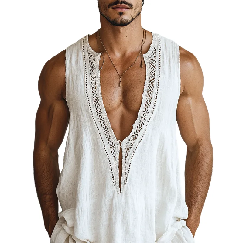 Men's Ethnic Style Hollow Lace Stitching Sleeveless Cotton And Linen Tank Top MTA1521D6Z sold by Manly