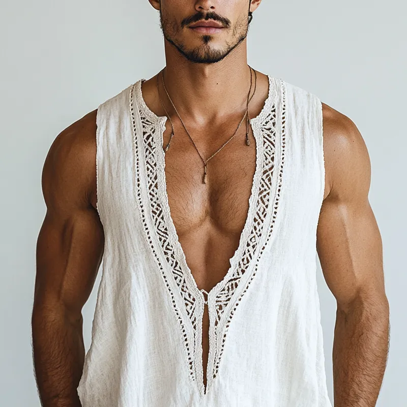 Men's Ethnic Style Hollow Lace Stitching Sleeveless Cotton And Linen Tank Top MTA1521D6Z sold by Manly product image thumbnail 3
