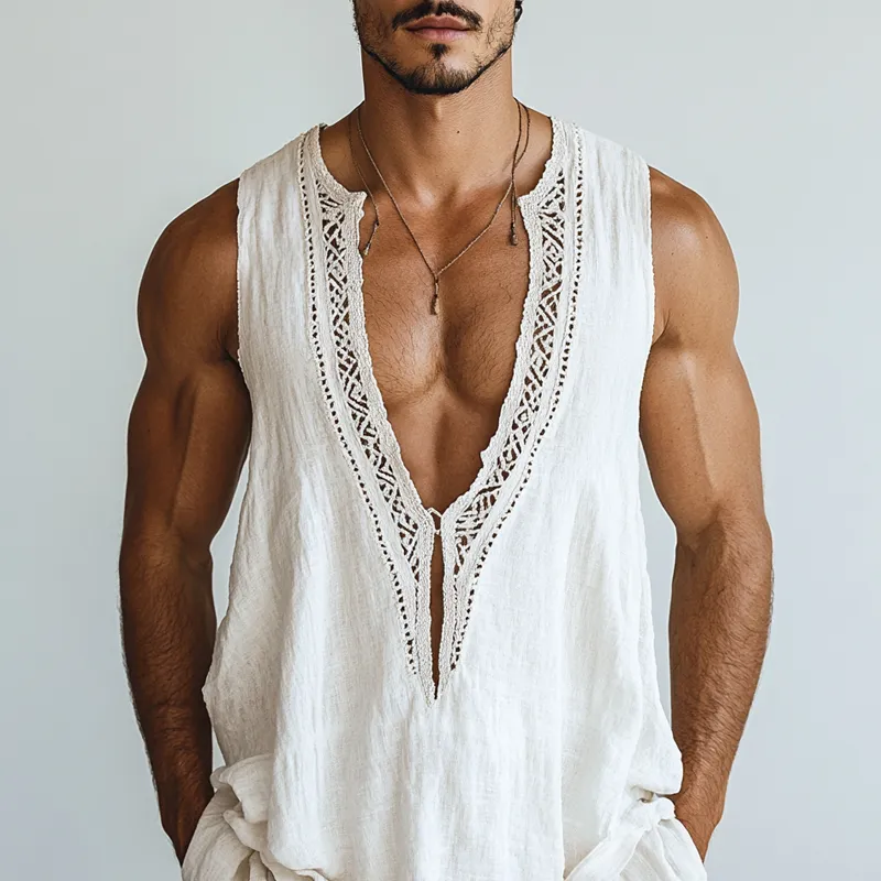 Men's Ethnic Style Hollow Lace Stitching Sleeveless Cotton And Linen Tank Top MTA1521D6Z sold by Manly product image thumbnail 2