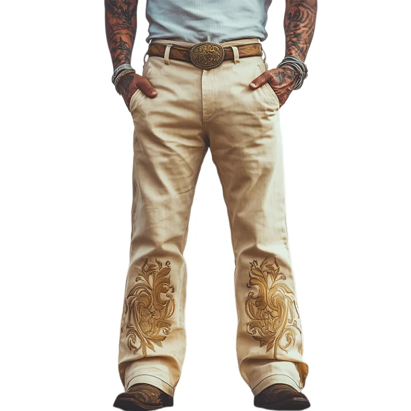 Men's Spring and Summer Fashion Retro Western Style Twill Cotton Embroidered Casual Pants (Belt Not Included) MTA1555D8K sold by Manly