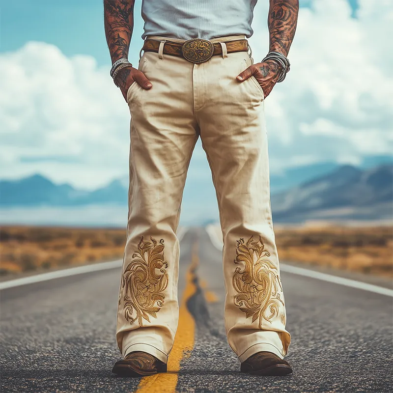 Men's Spring and Summer Fashion Retro Western Style Twill Cotton Embroidered Casual Pants (Belt Not Included) MTA1555D8K sold by Manly product image thumbnail 2