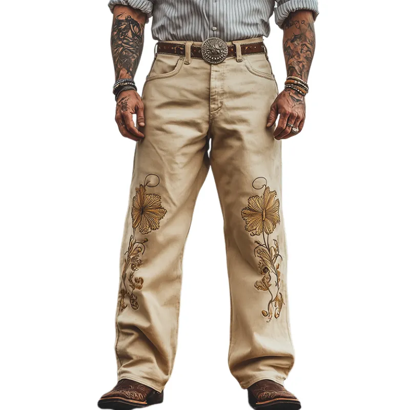 Men's Spring and Summer Fashion Personality Retro Western Style Twill Cotton Embroidery Casual Pants (Without Belt) MTA1573D4K sold by Manly