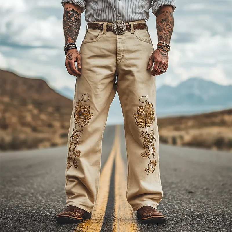 Men's Spring and Summer Fashion Personality Retro Western Style Twill Cotton Embroidery Casual Pants (Without Belt) MTA1573D4K sold by Manly product image thumbnail 2