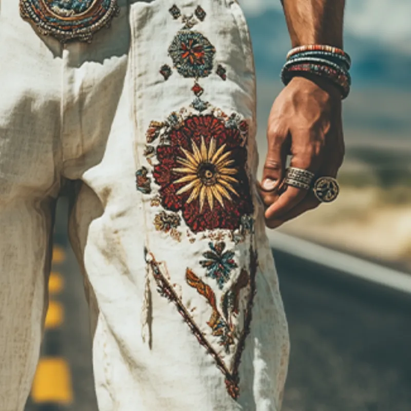 Men's Spring and Summer Fashion Personality Retro Western Style Cotton and Linen Embroidered Pants (Without Belt) MTA1519D5K sold by Manly product image thumbnail 4