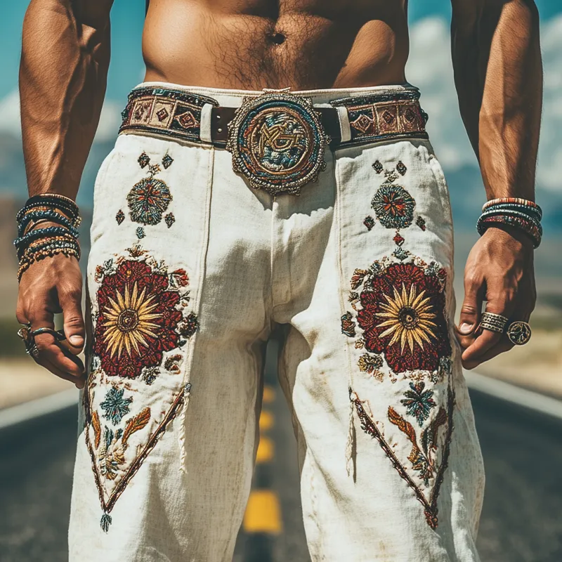 Men's Spring and Summer Fashion Personality Retro Western Style Cotton and Linen Embroidered Pants (Without Belt) MTA1519D5K sold by Manly product image thumbnail 3
