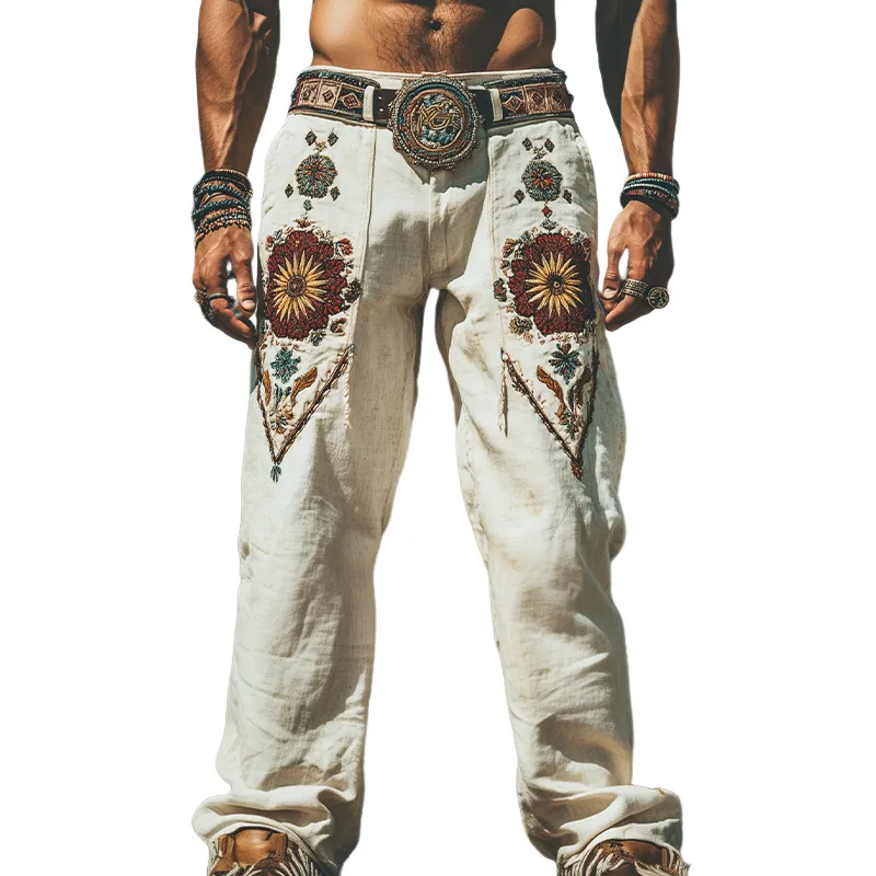 Men's Spring and Summer Fashion Personality Retro Western Style Cotton and Linen Embroidered Pants (Without Belt) MTA1519D5K sold by Manly