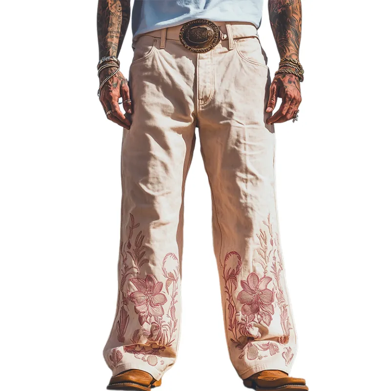 Men's Spring and Summer Fashion Personality Retro Western Style Twill Cotton Casual Embroidery Pants (Without Belt) MTA1565D2K sold by Manly