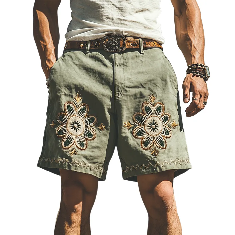 Men's Summer Fashion Casual Western Style Ramie Embroidery Shorts MTA1591D5K sold by Manly