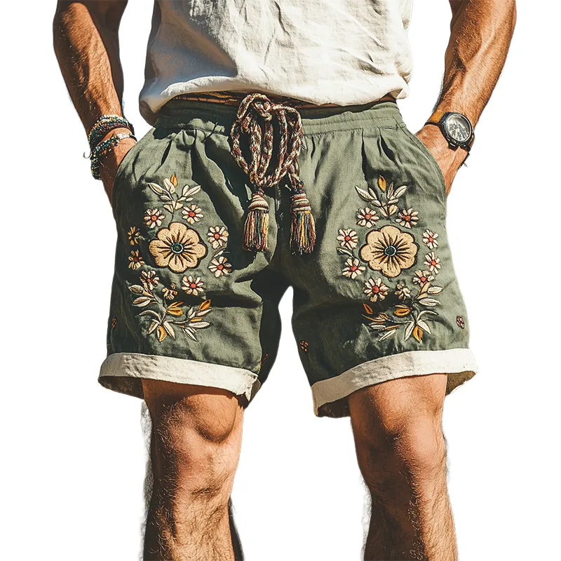 Men's Summer Fashion Casual Western Style Ramie Splicing Embroidery Shorts MTA1581D2K sold by Manly