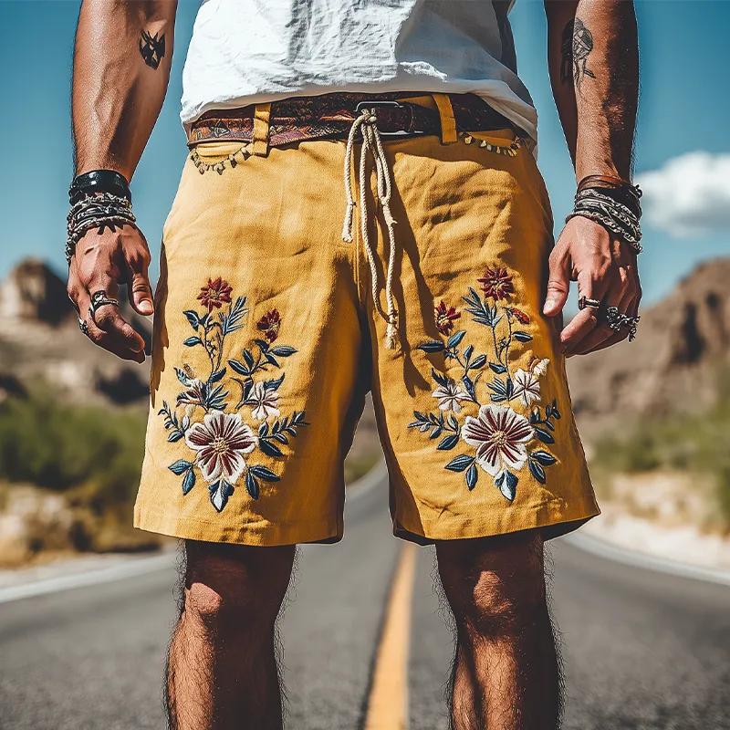 Men's Summer Fashion Casual Retro Western Style Ramie Embroidery Shorts (Without Belt) MTA1536D5K sold by Manly product image thumbnail 2