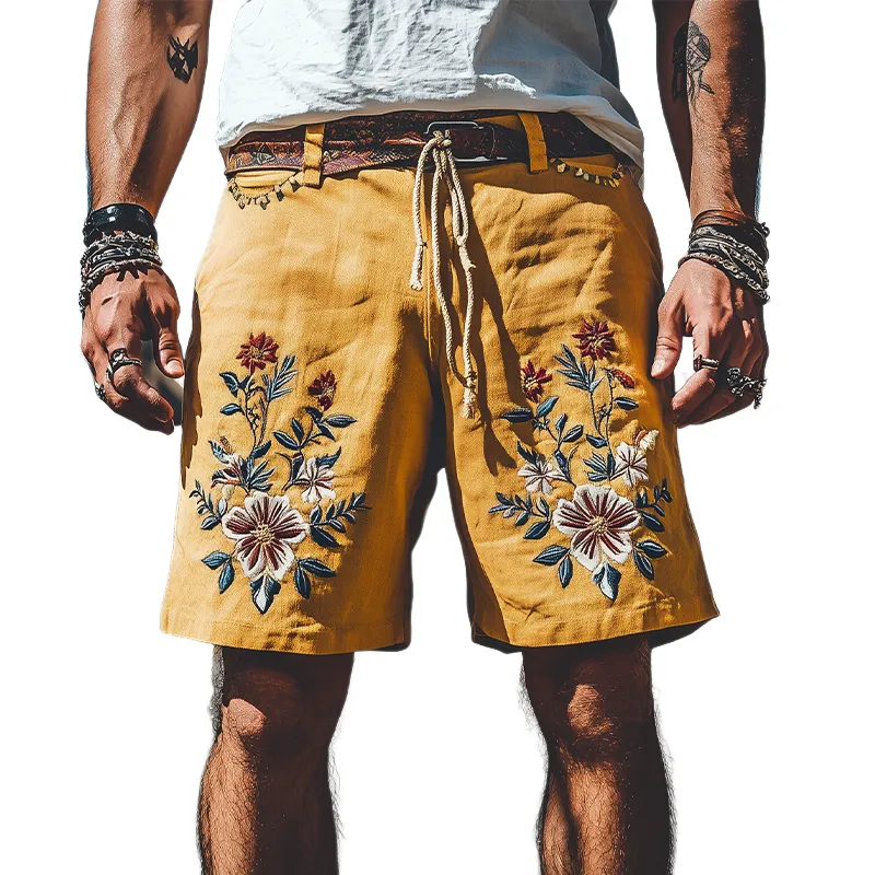 Men's Summer Fashion Casual Retro Western Style Ramie Embroidery Shorts (Without Belt) MTA1536D5K sold by Manly