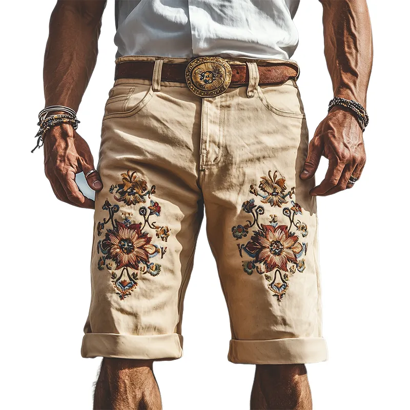 Men's Spring Summer Fashion Vintage Twill Cotton Embroidery Length to Knee Shorts (Without Belt) MTA1552D1K sold by Manly
