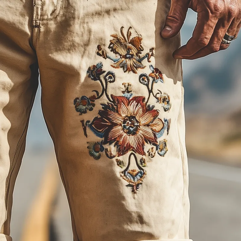 Men's Spring Summer Fashion Vintage Twill Cotton Embroidery Length to Knee Shorts (Without Belt) MTA1552D1K sold by Manly product image thumbnail 5