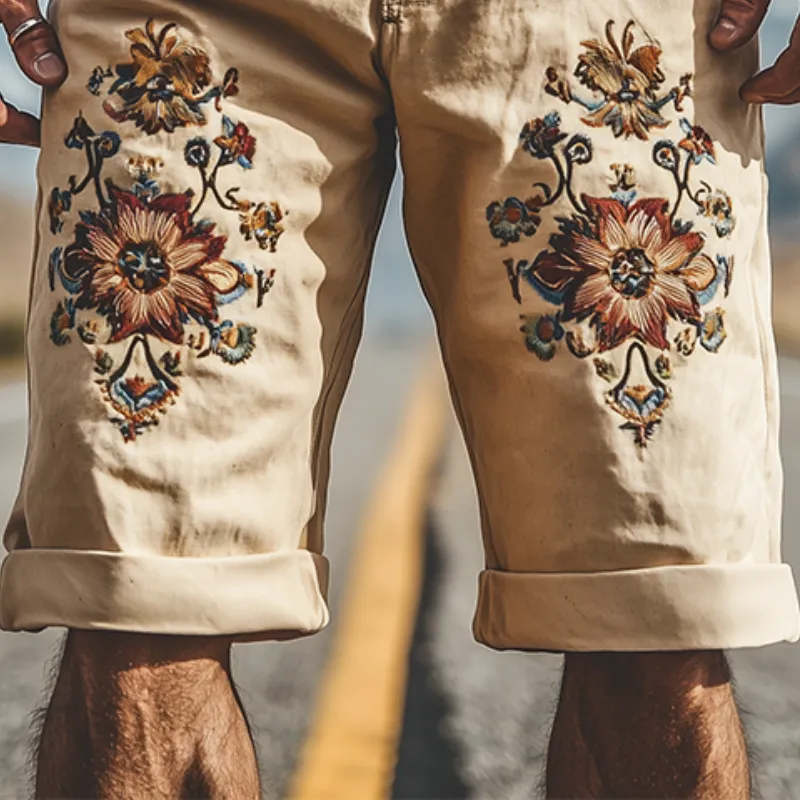 Men's Spring Summer Fashion Vintage Twill Cotton Embroidery Length to Knee Shorts (Without Belt) MTA1552D1K sold by Manly product image thumbnail 4